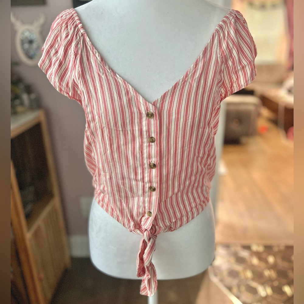 American Eagle Outfitters Red Striped Button-Down Blouse